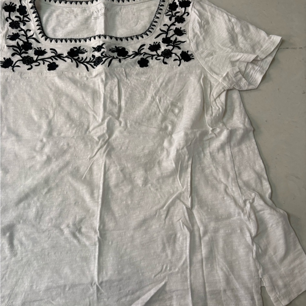 Talbots Tunic Shirt Womens L White Embroidery Short Sleeve Boho Hippie Cotton